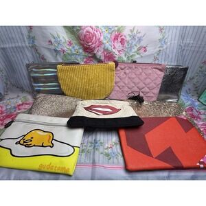 Ipsy Makeup Bag Lot Gudetama Tetris Silver Glitter Pink 9 Pcs
